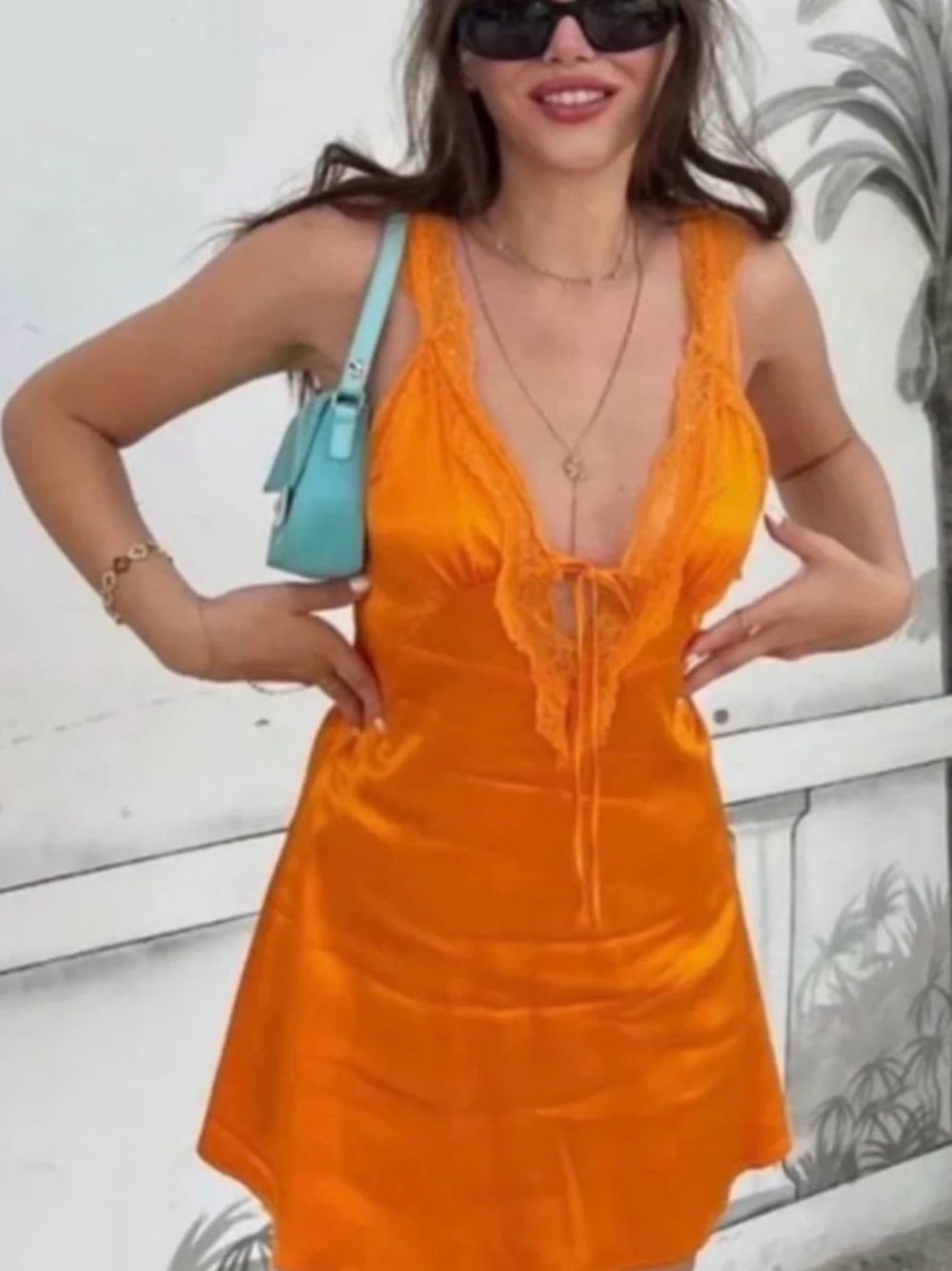 Zara Orange Lace-Trim Satin Slip Dress